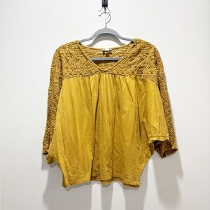 Garnet Hill Mustard Yellow Embroidered Mesh Lace Detail Bat Dolman Sleeve Blouse
